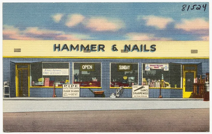 Original photo: A “Hammer and Nails” hardware store (old postcard)