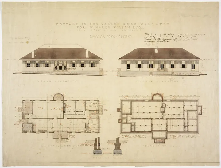 Photo d’origine : Dessin d'architecte ancien : élévations, plans d'étage et plan des fondations d'une maison, à l'aquarelle et à l'encre.