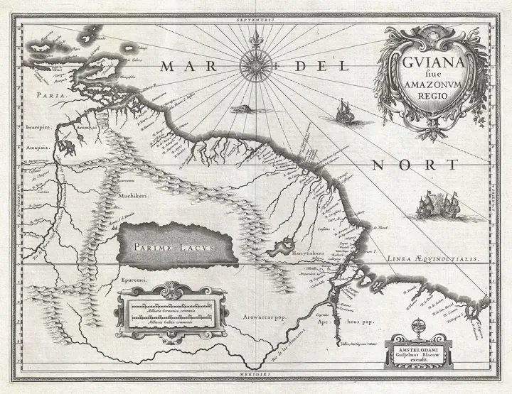 Original photo: Carte ancienne gravée de la Guyane et du lac Parime, désigné comme la route de l'Eldorado.