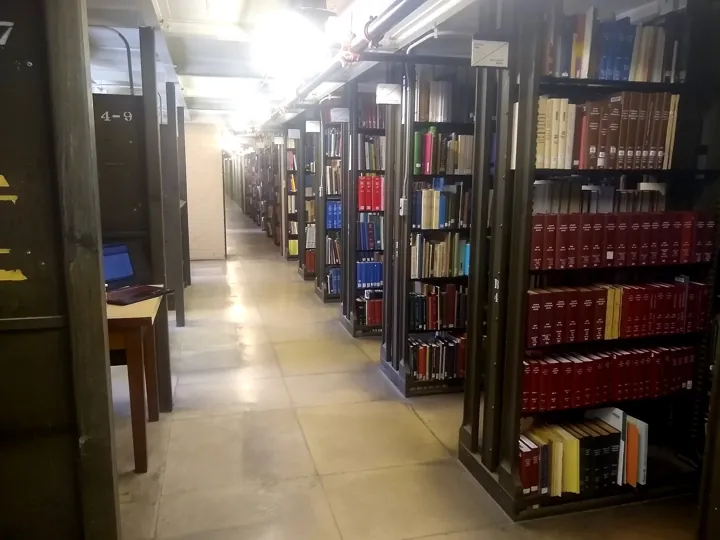 Photo d’origine : Longue allée de rayonnages de magasin de bibliothèque, remplis de volumes reliés.