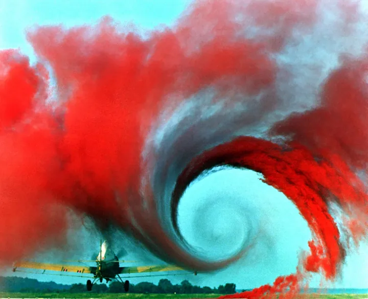 Original photo: Un avion agricole dont le tourbillon d'air en bout d'aile est rendu visible par une fumée rouge.